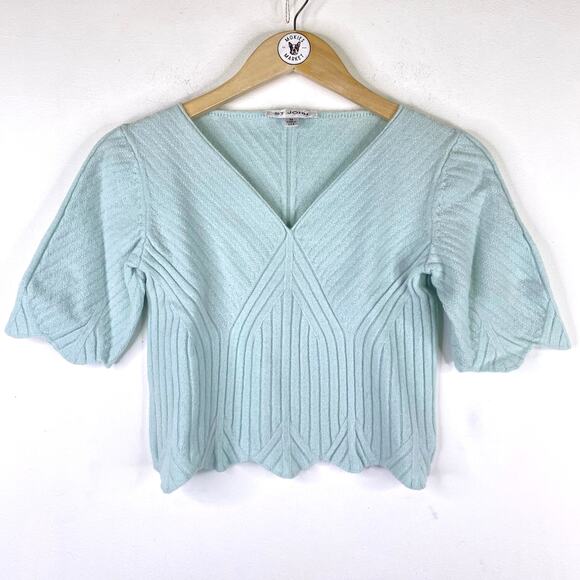 St John Wool Ribbed Knit Cropped Sweater Sz M Lt. Blue Scalloped Retro Art Deco - Picture 1 of 8